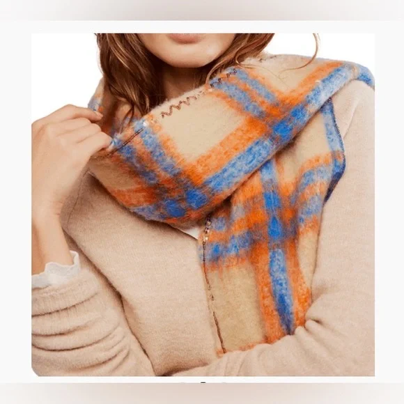 Free People Highland Plaid Scarf, Skinny Plaid Scarf, Color: Ivory-Combo - Picture 2 of 7